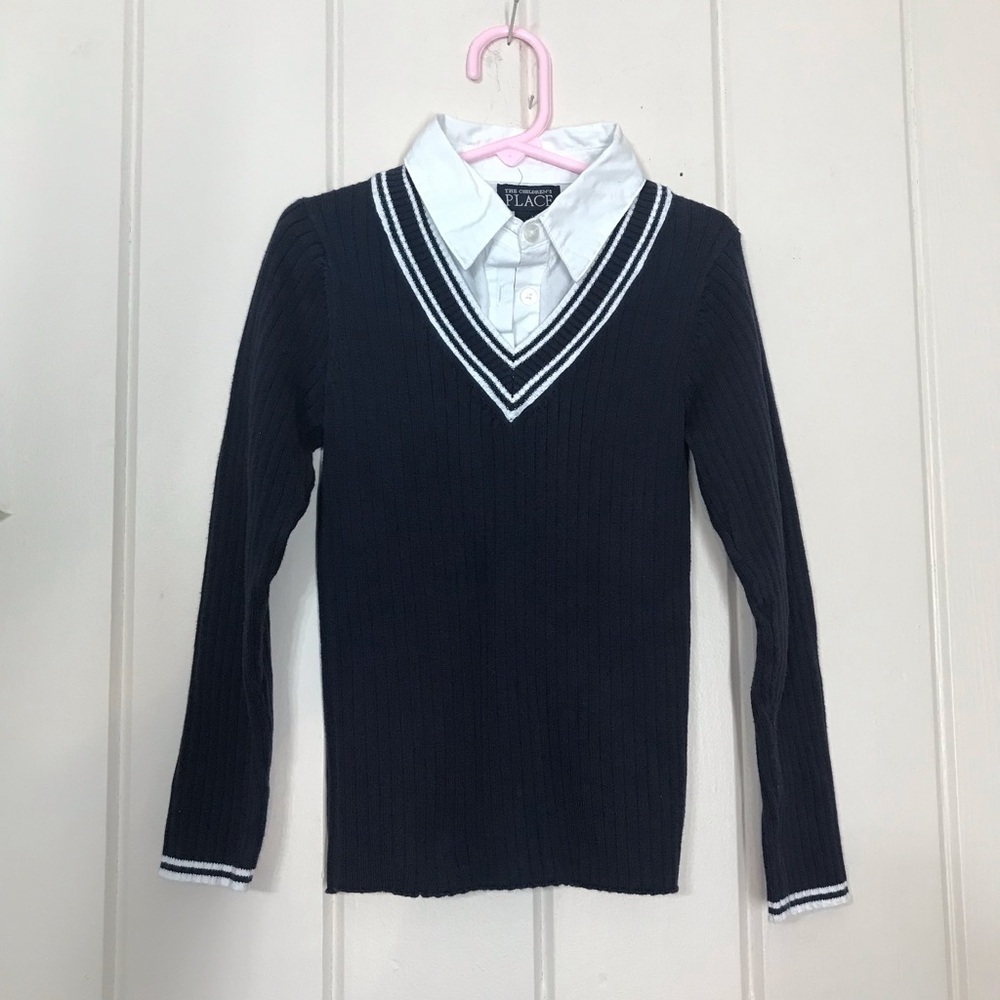 Children’s Place Navy Blue Sweater w/ White  Trim & White Collar Shirt Medium